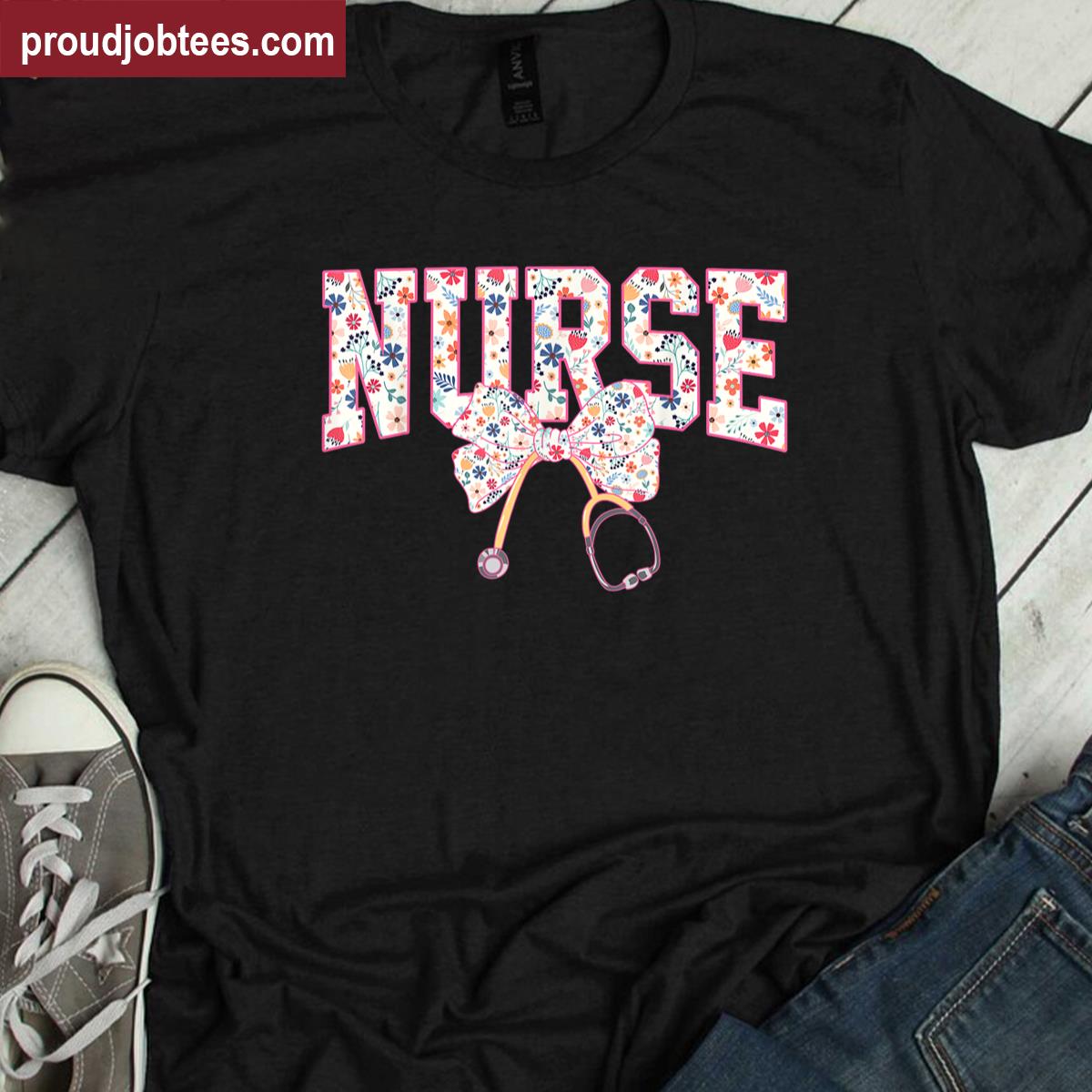 Nurse Stethoscope Bow Floral Tee Shirt