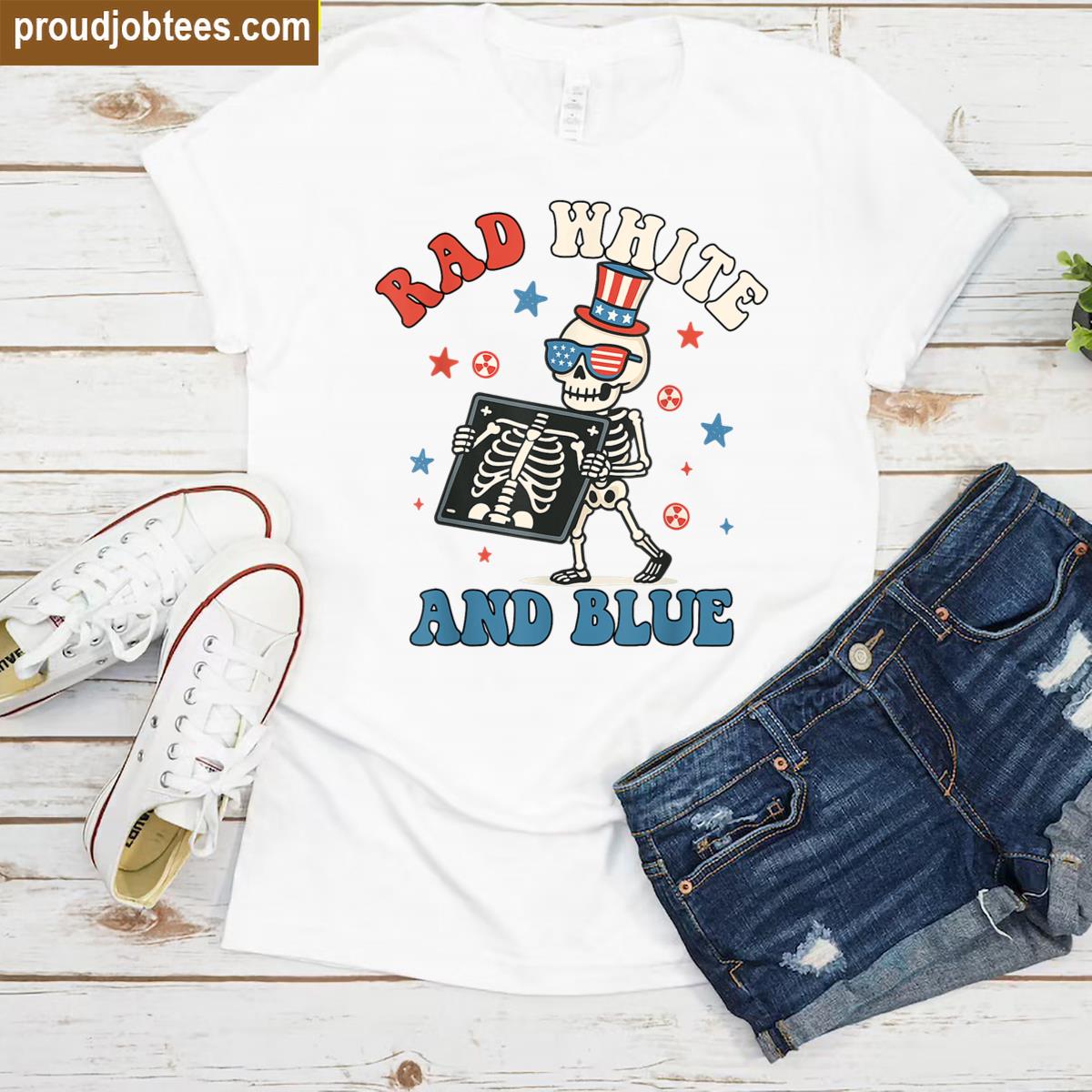 Patriotic Skeleton Design White Blue Shirt