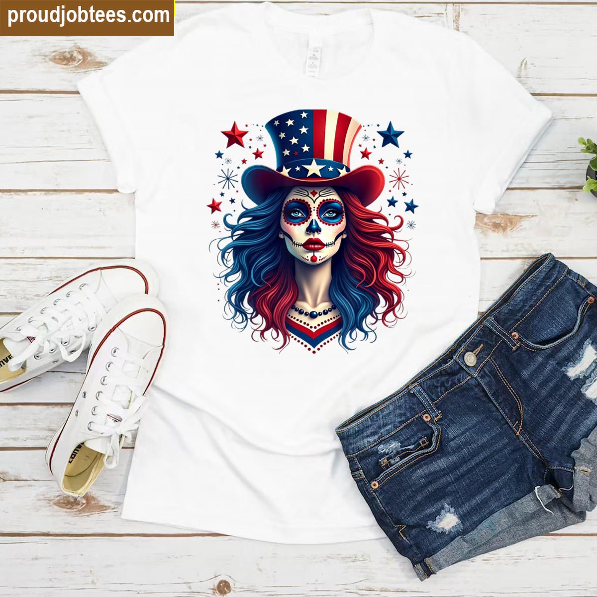 Sugar Skull American Flag Skeleton Tee Shirt