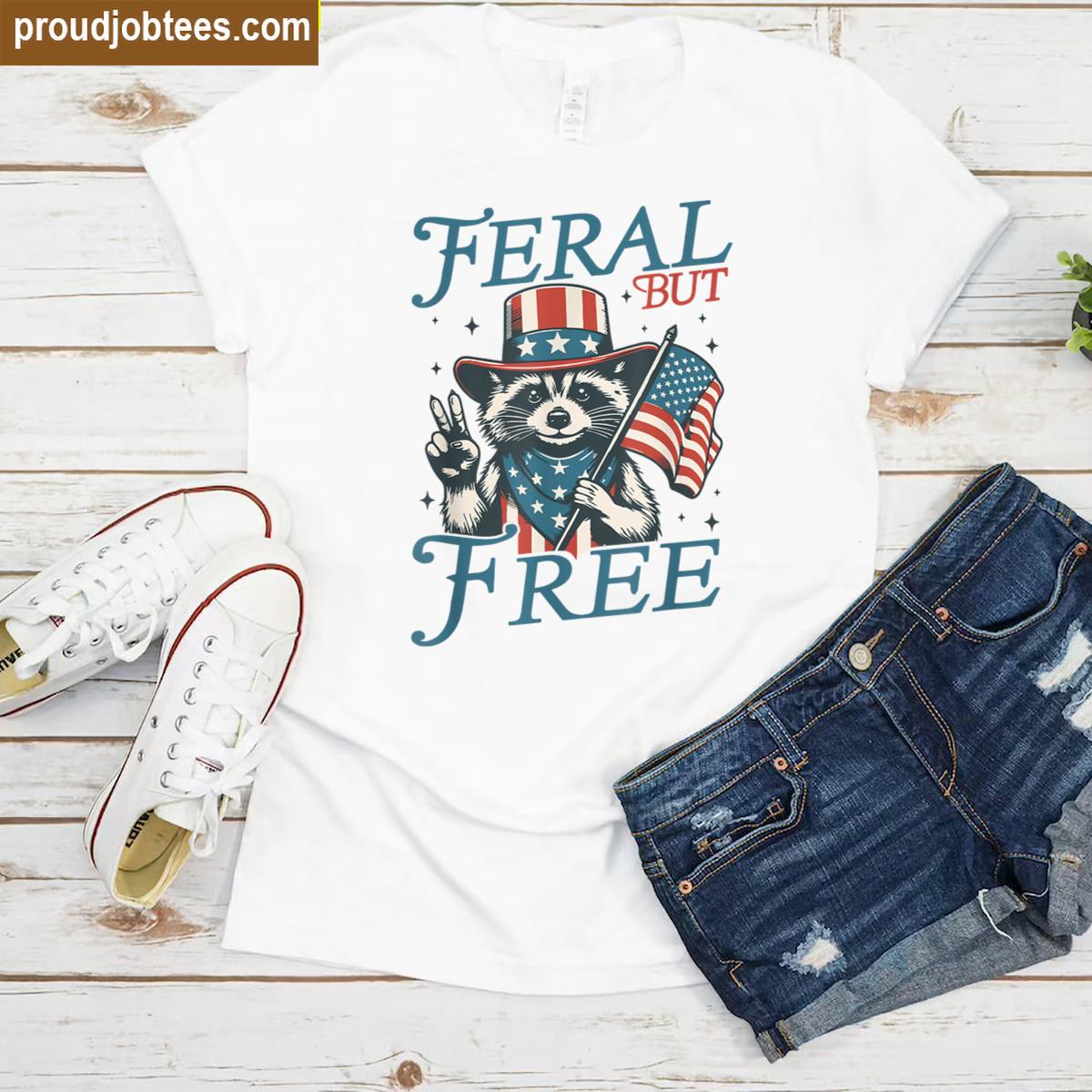 4th Of July Boys Feral But Free Funny Raccoon Kids Toddler Shirt