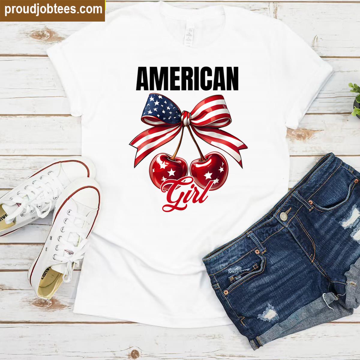 All American Girl Usa Flag Cherry Bow 4th Of July Patriotic Shirt