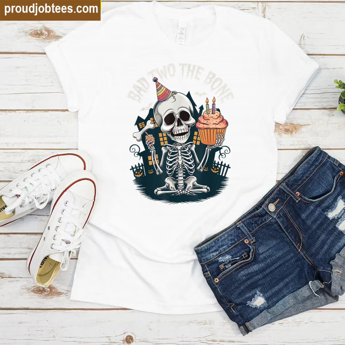 Bad Two The Bone Skeleton Funny Halloween 2nd Birthday Shirt