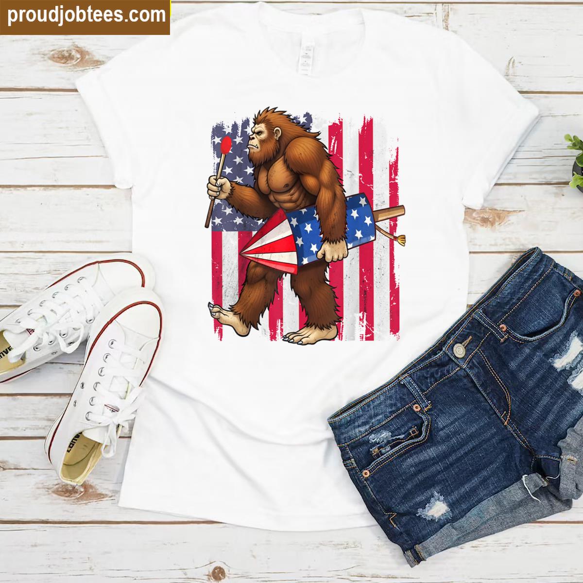 Bigfoot 4th Of July Sasquatch Fireworks Usa American Flag Shirt