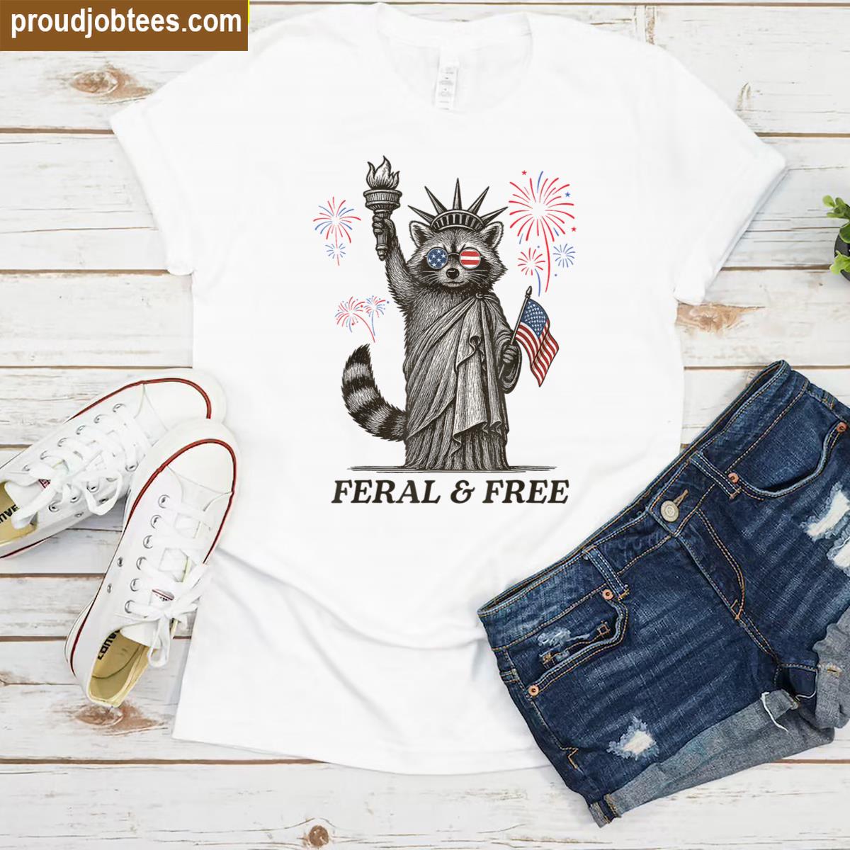 Feral Free 4th Of July Patriotic Raccoon Fireworks Us Flag Shirt