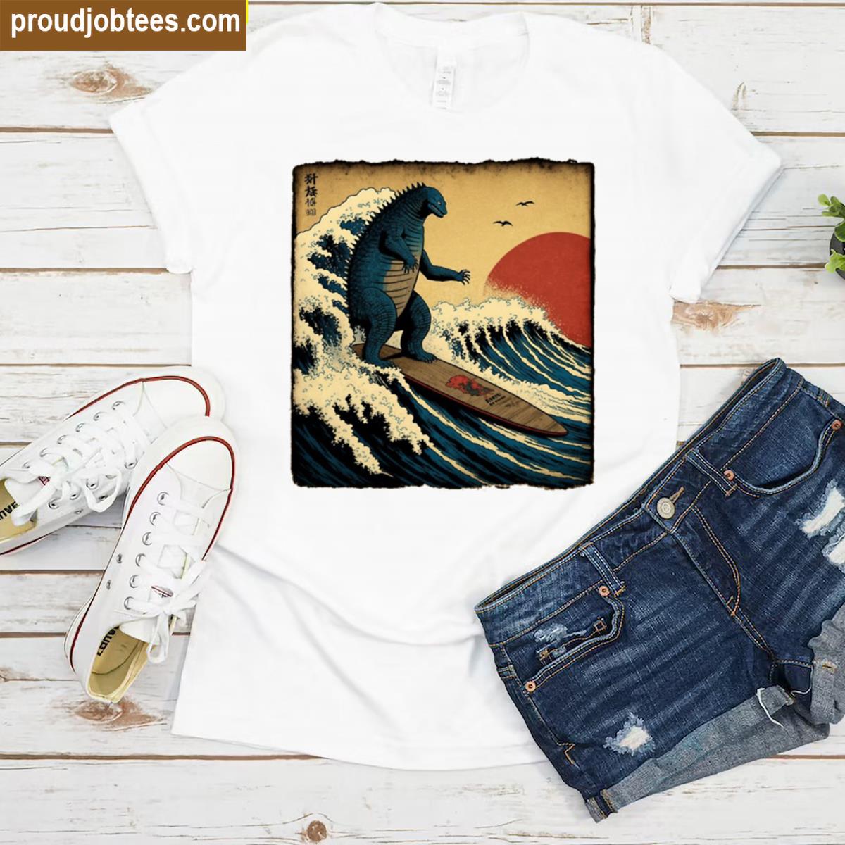 Godzilla Surfing The Great Wave By Hokusai Funny Parody Shirt