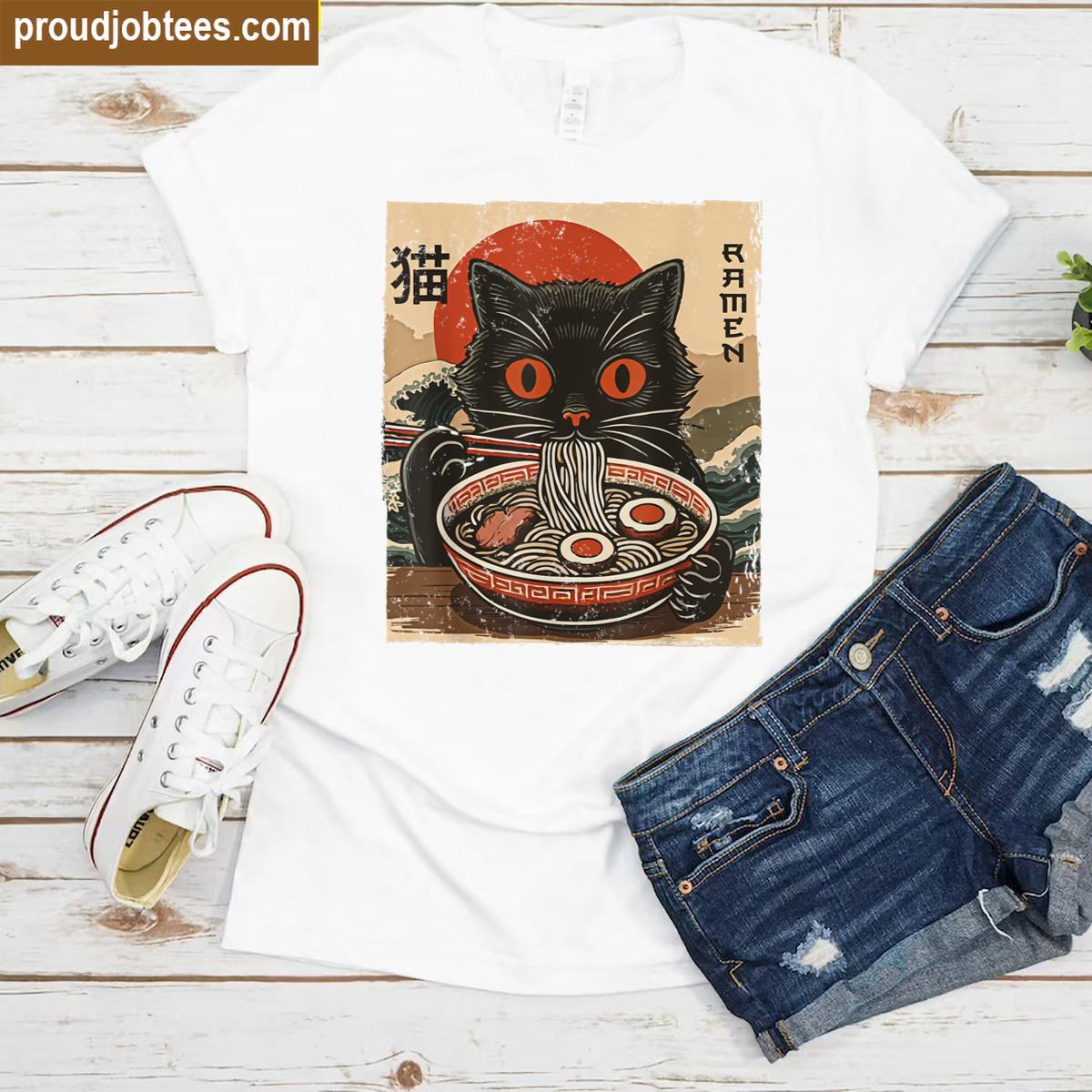 Kawaii Anime Cat Ramen Japanese Funny Graphic Tee Cat Lovers Shirt