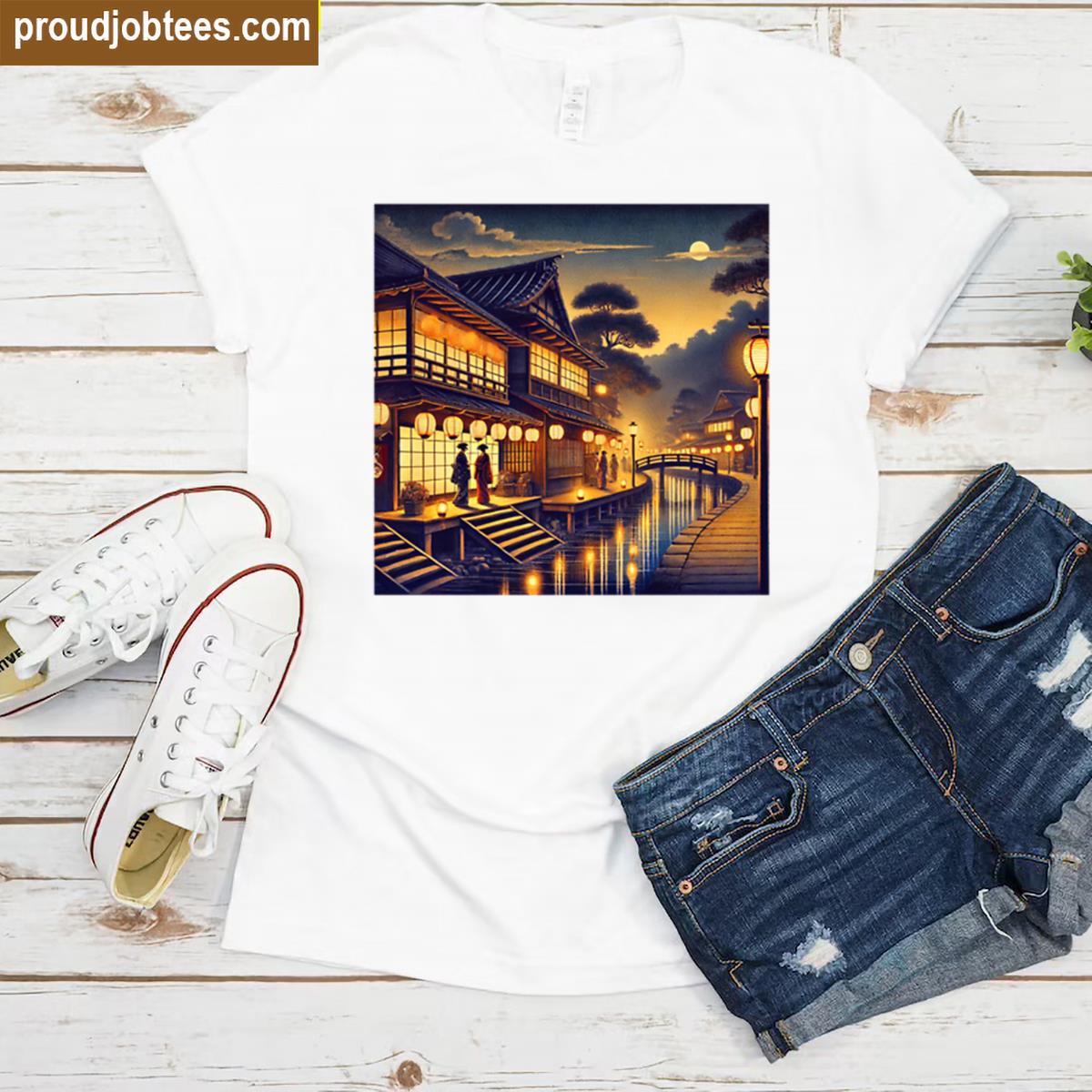 Lantern Lit Night Along The Canal Japanese Ukiyo E Art Oversized Shirt