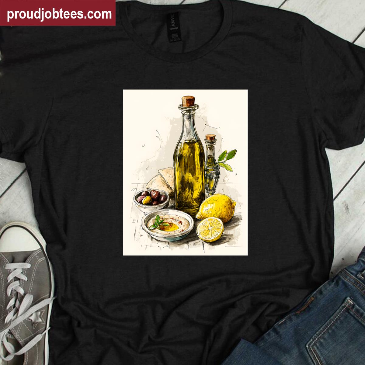 Mediterranean Ingredients Come Together In A Rustic Arrangement With Olive Oil Bottles Lemons Hummus Shirt