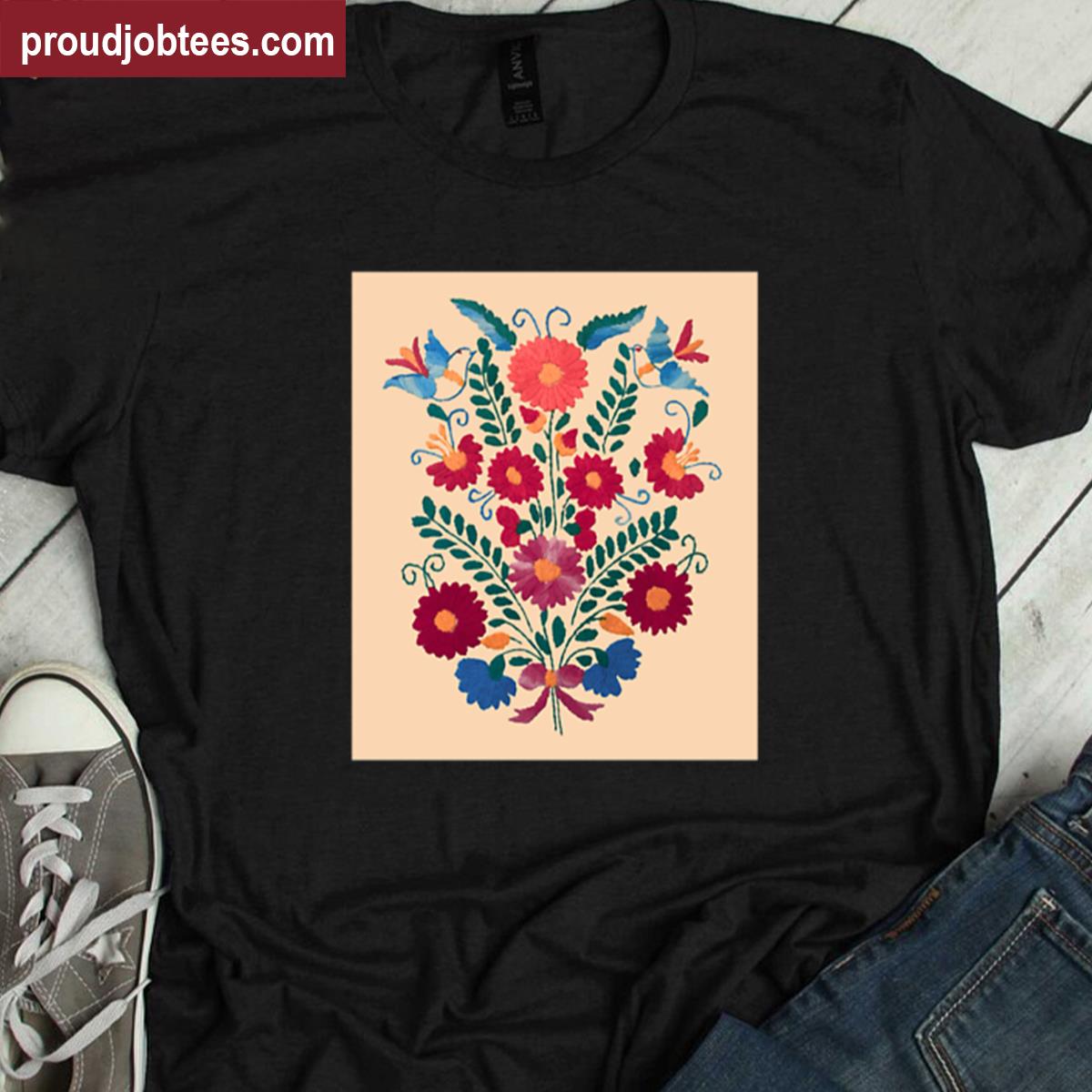 Mexican Folk Art Blue Birds Flowers Premium Shirt
