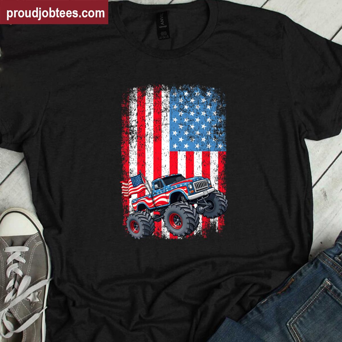 Monster Truck American Flag 4th Of July Usa Patriotic Premium Shirt