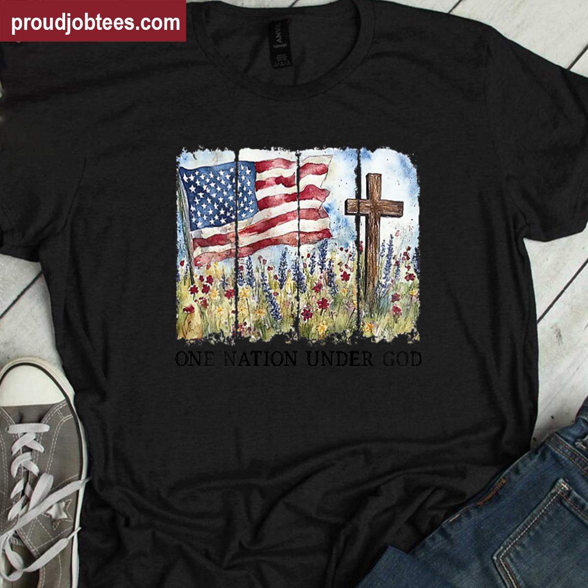 One Nation Under God Usa Flag Cross Floral Christian Women Shirt
