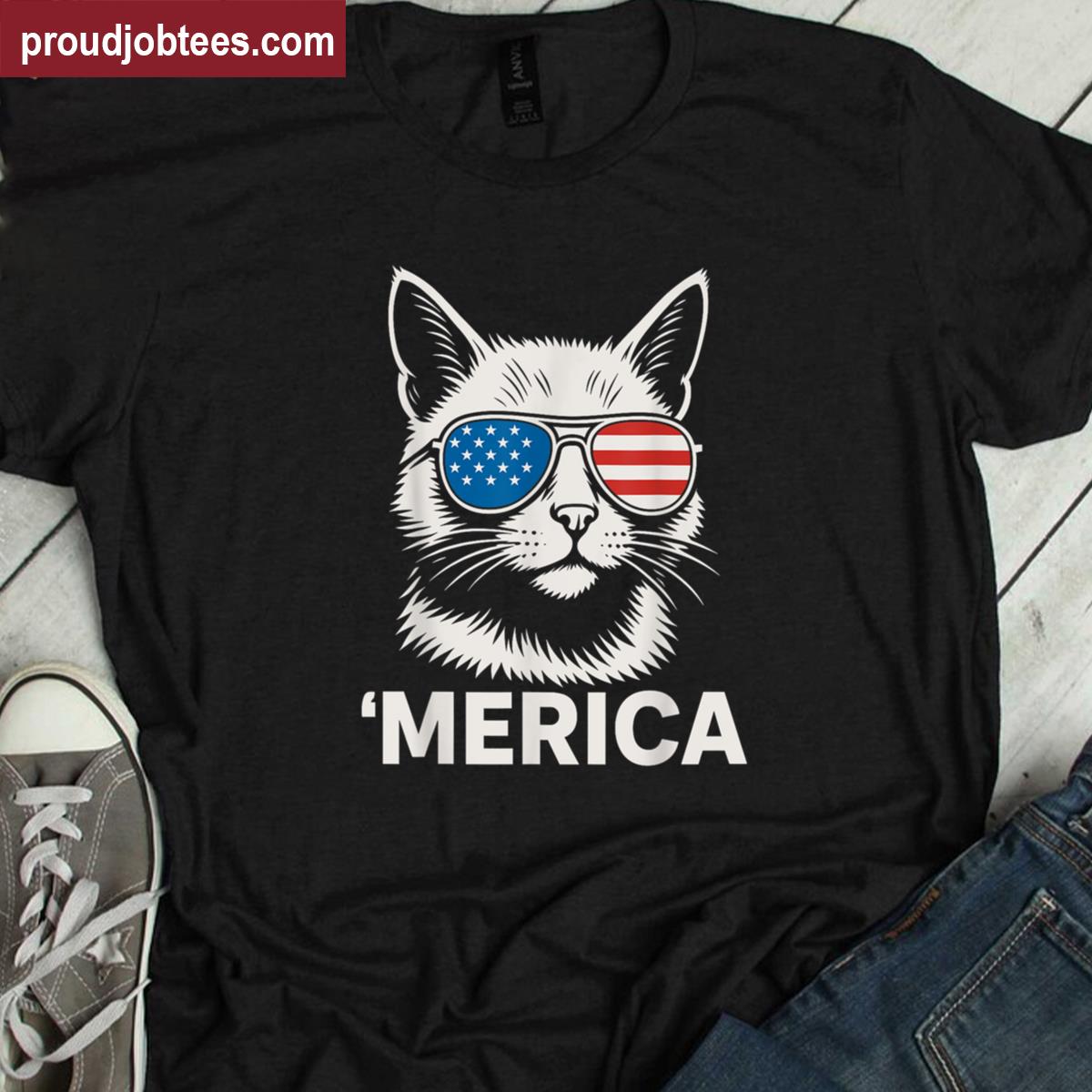 Patriotic Cat With Sunglasses Funny Merica Usa Shirt