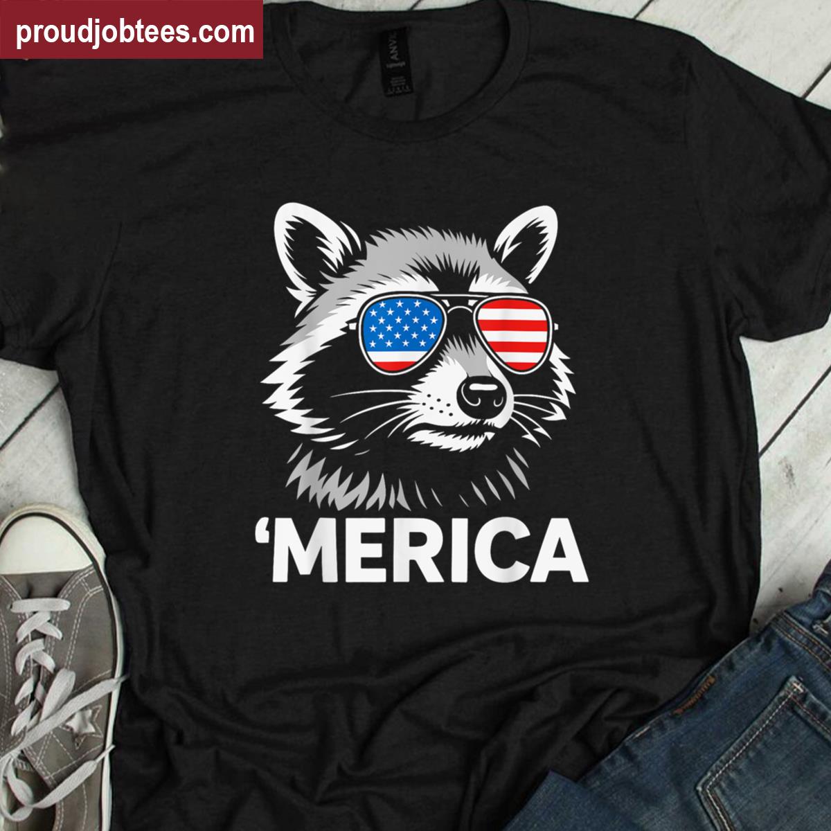 Patriotic Raccoon Merica Usa Flag Sunglasses Funny Shirt