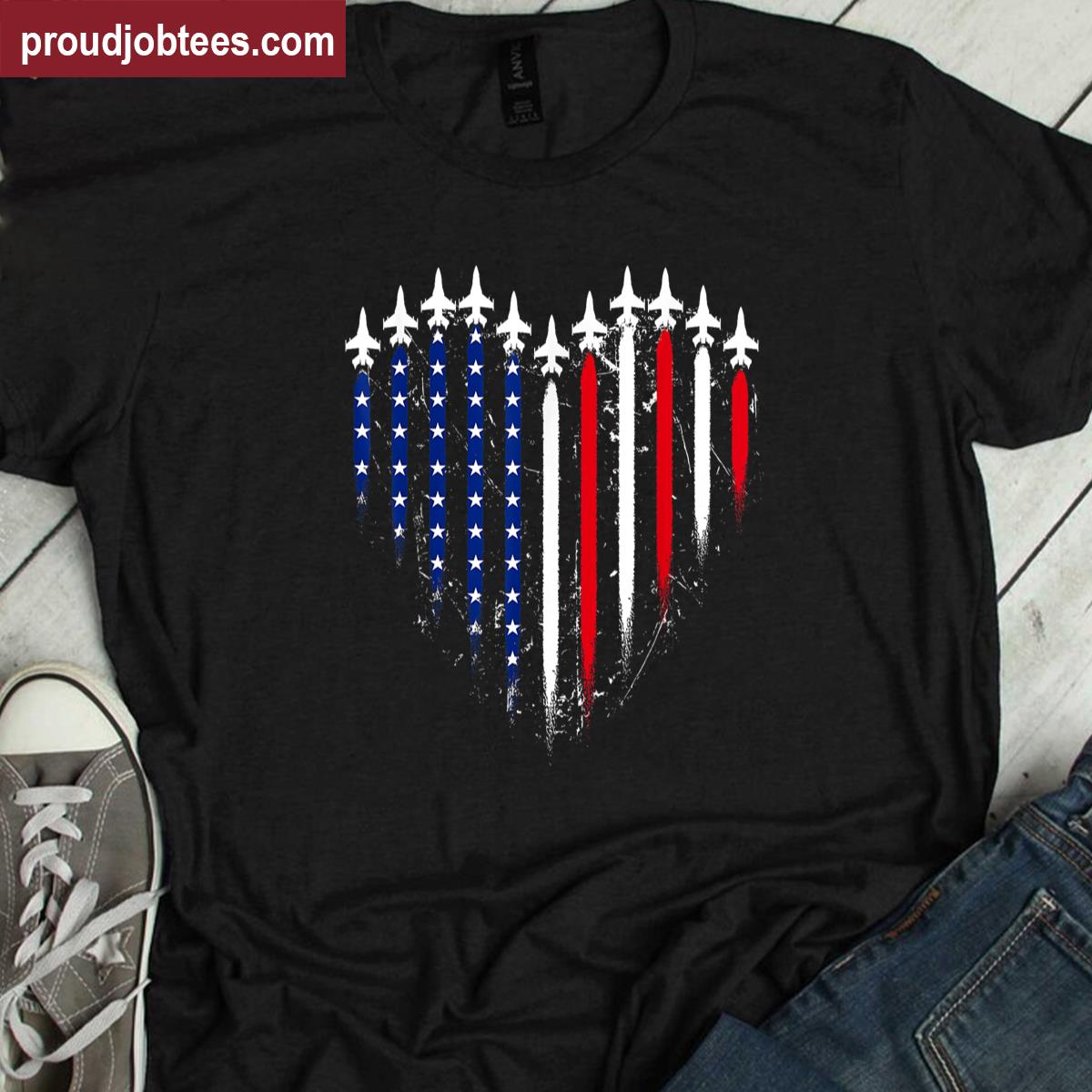 Patriotic Usa Heart Flag Fighter Jets 4th Of July Shirt