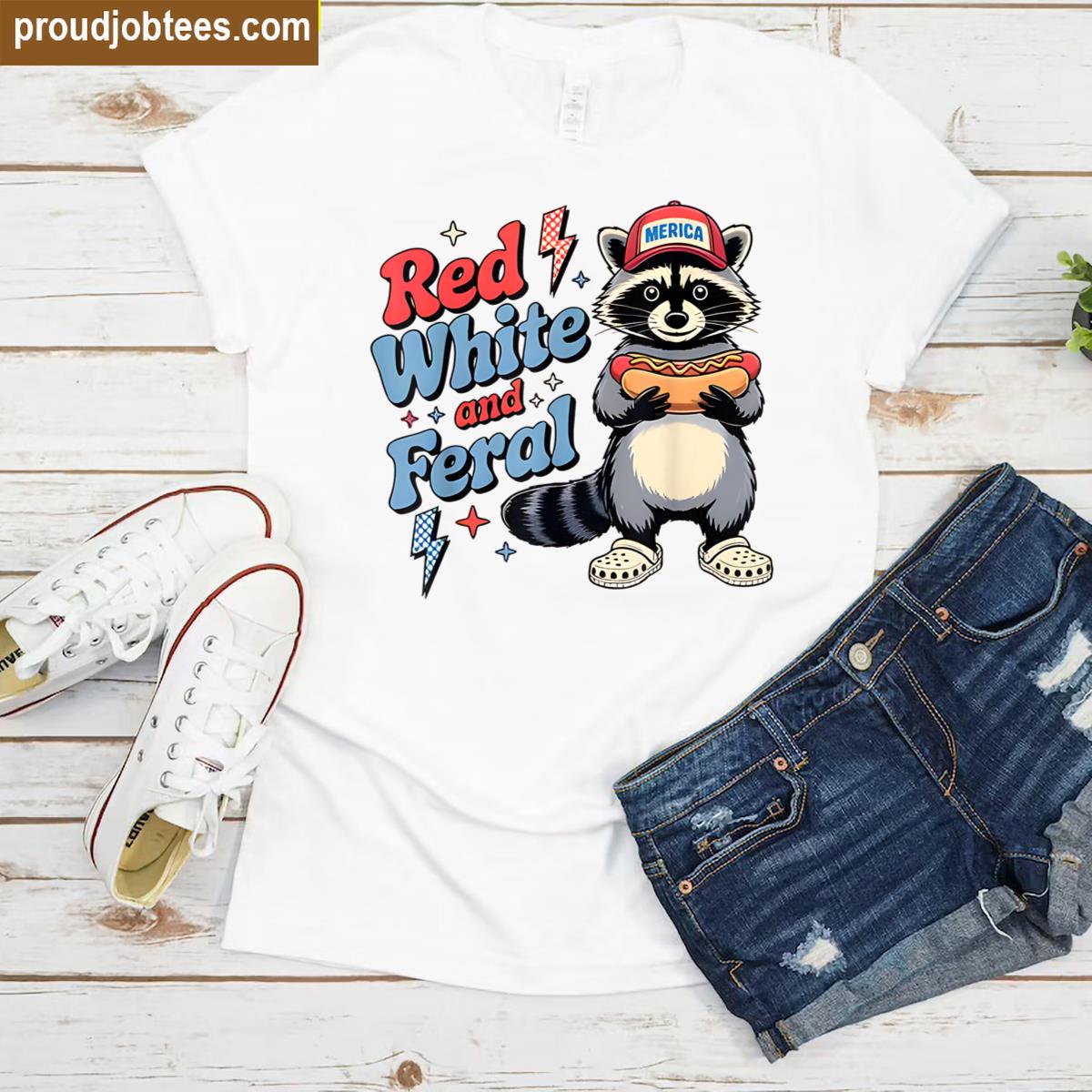 Red White And Feral Funny Raccoon 4th Of July Boys Girls Shirt