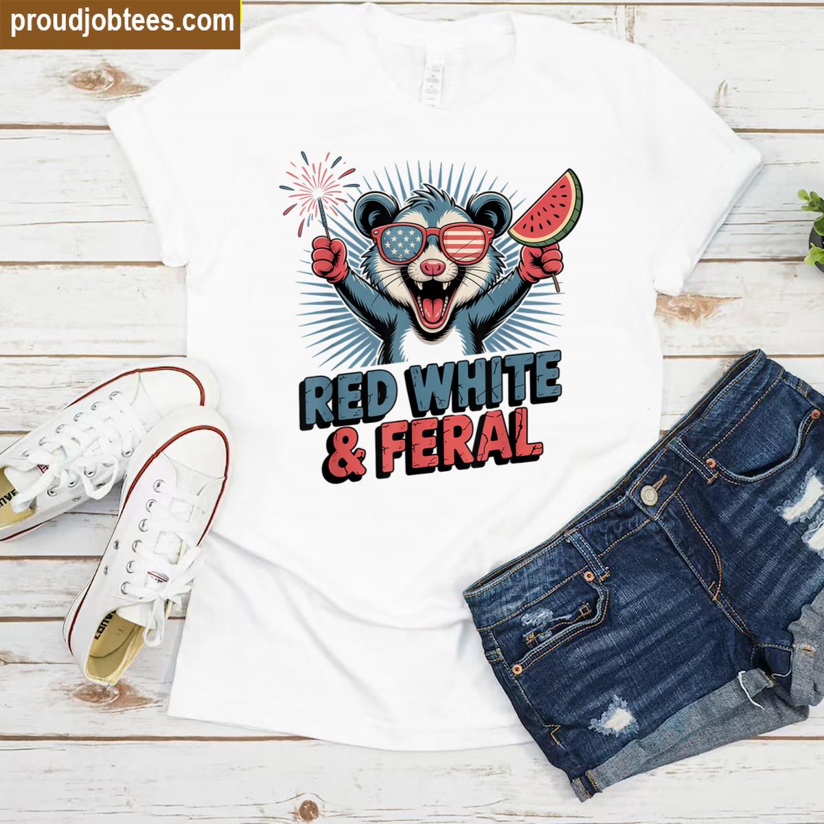 Red White And Feral Opossum Fireworks 4th Of July Shirt