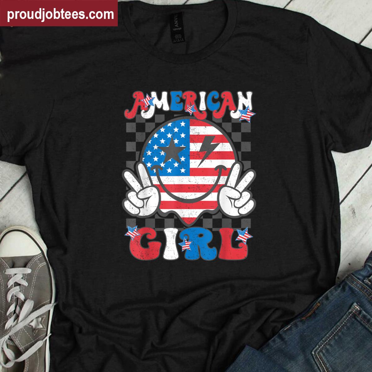 Retro American Girl 4th Of July Smile Checkered Womens Girls Shirt