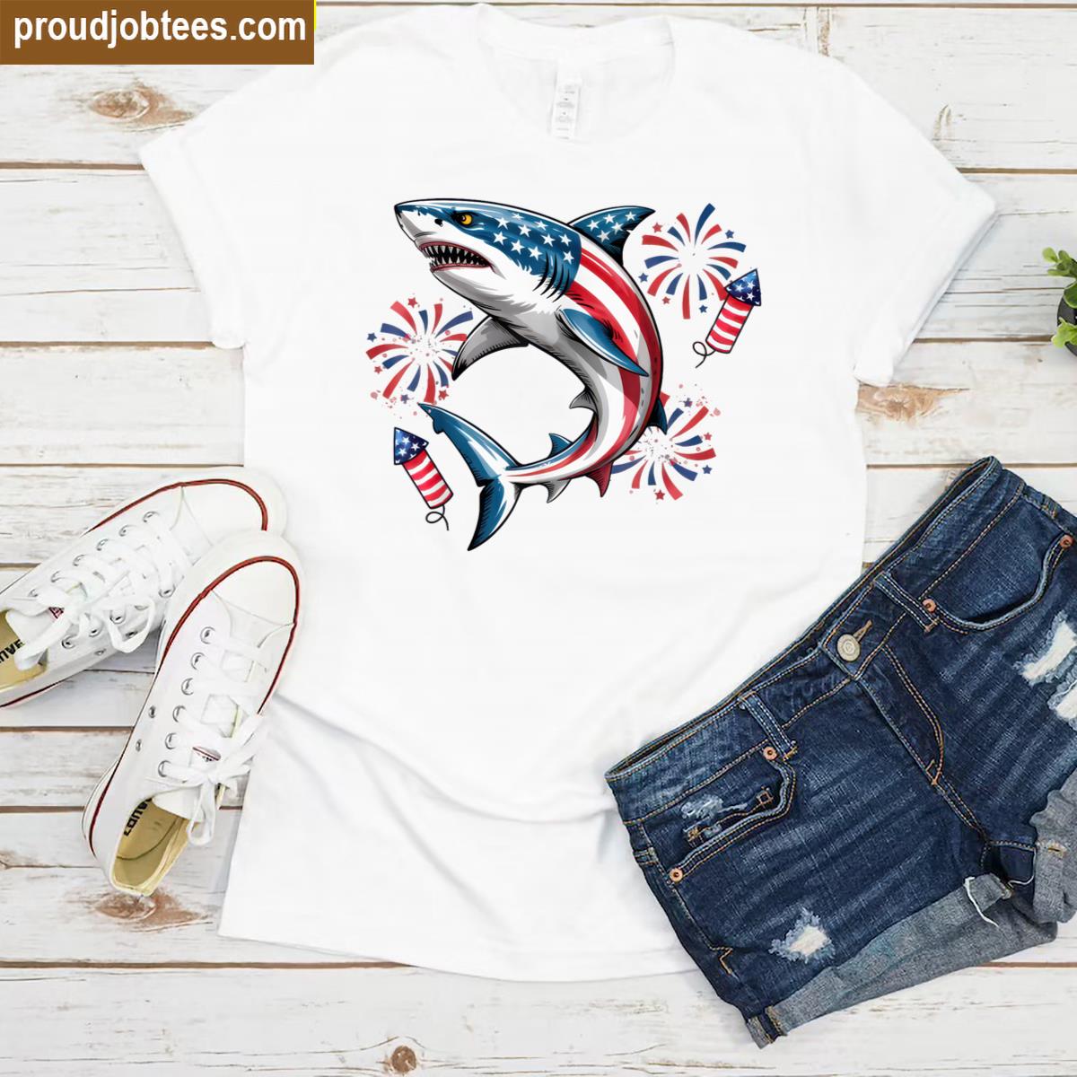 Shark Usa American Flag 4th Of July Funny Boys Girls Kids Shirt