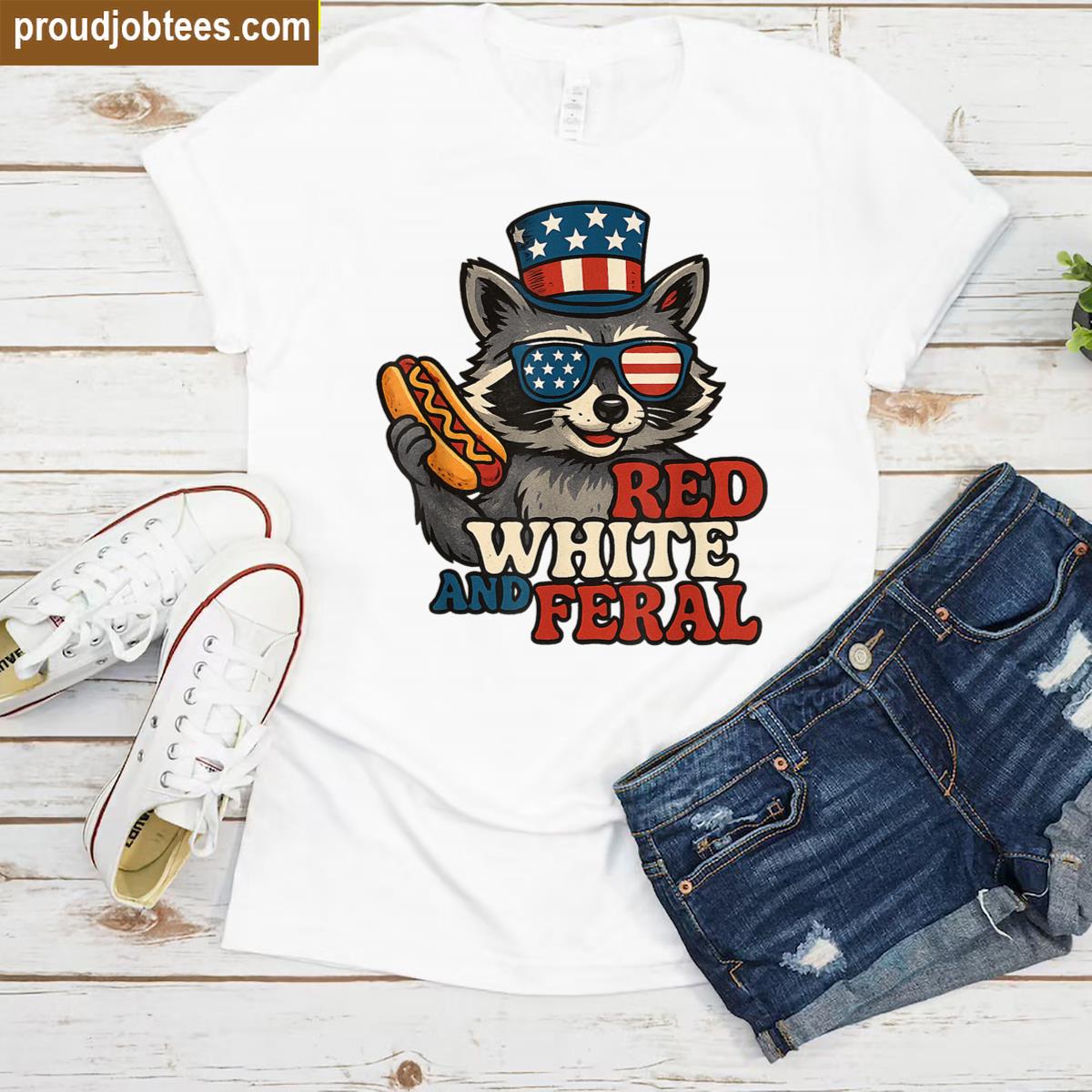 Usa Kids Red Funny White And Feral Racoon Feral 4th Of July Shirt