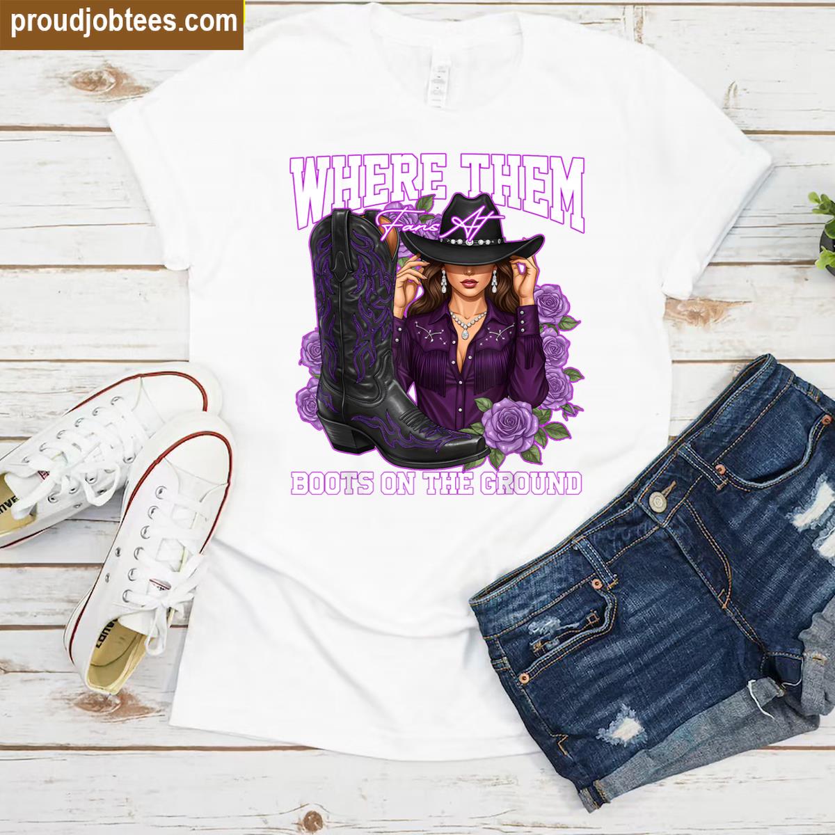 Where Dem Fans At Purple Black Cowgirl Boots On Da Ground Shirt