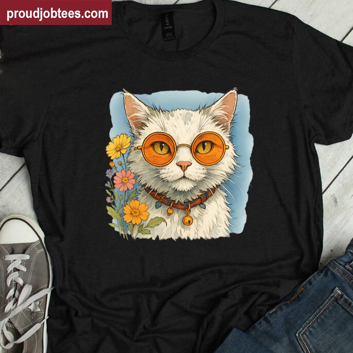 Hippie Cat Funky Design Tee Shirt