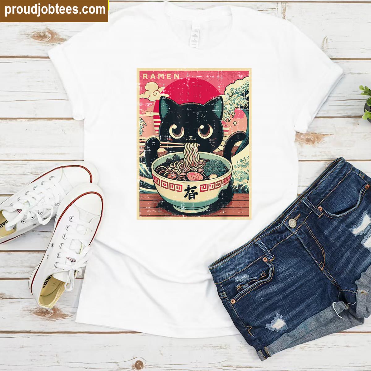 Japanese Anime Cat Ramen Graphic Tee Shirt